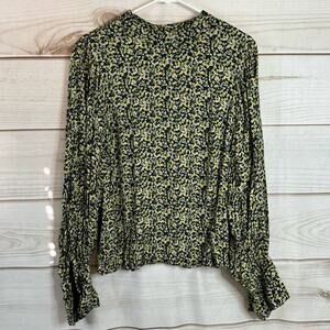 H&M Green & Yellow Long Sleeve Keyhole Back Blouse Size Small